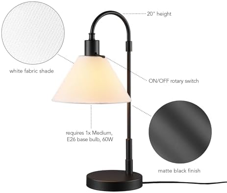 Globe Electric 20" Table Lamp, Matte Black, White Fabric Shade, Rotary Switch on Socket, 5-Foot Black Cord, Bedroom, Home Décor, Nightstand