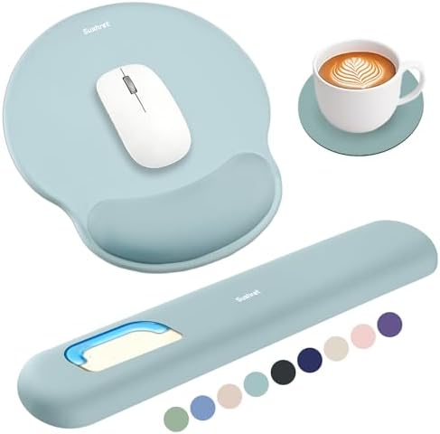 Sushret Mouse Pad and Keyboard Wrist Rest, 3-in-1 Gel Memory Foam Ergonomic Mouse Pad with Wrist Rest Set, Gaming Mousepad Arm Cushion Support for Computer Office Desk Accessories Cute, Seafoam Blue
