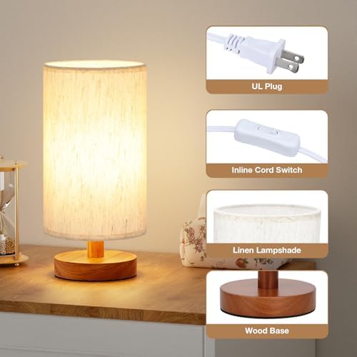 Fenmzee Small Table Lamps (Cream Shade - Walnut Base, 9" Inline Control)