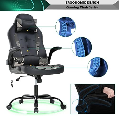 Massage Gaming Chair, PU Leather Gaming Chairs for Adults, Comfy Office Chair Ergonomic Desk Chair Computer Chair with Flip Up Arms, Swivel Reclining Gamer Chair, Height & Backrest Adjustable, Camo