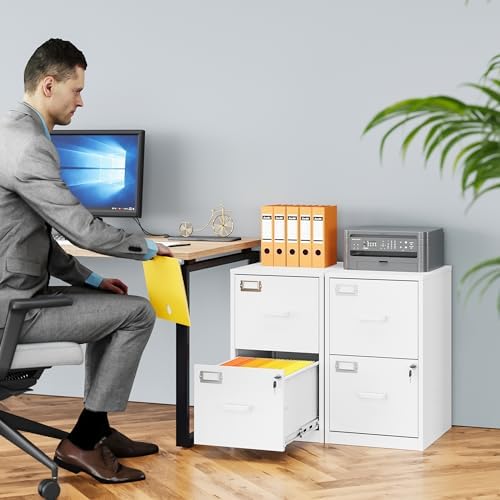 SISESOL 2 Drawer File Cabinet with Lock,Narrow Vertical Filing Cabinet,Under Desk File Cabinets,White Metal File Cabinets for Home Office,Fit Letter/A4/Legal Size File,Easy Assembly