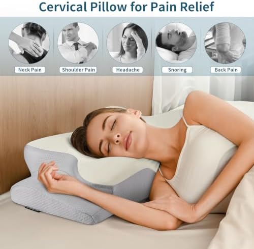 Cervical Neck Pillow for Pain Relief - Ergonomic Pillow Side Sleeper Pillow for Sleeping, Orthopedic Bed Pillow Neck Support Pillow, Contour Memory Foam Pillows for Side Back Stomach Sleepers (Grey)