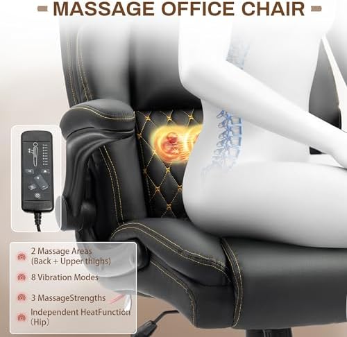 Massage Office Chair,500LBS Ergonomic Rocking Executive Desk Chairs with 4 Points Vibration&Heat,Padded Flipup Armrests for Big and Tall Office Chair,Swivel Computer Chair Black