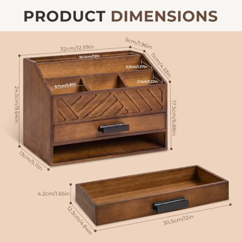 Wooden Desk Organizer with 7 Compartments and Drawer, Rustic Desktop Mail Organizer for Desk, Wooden Mail Sorter Organizer with Deep Pockets, File Holder and Sturdy Black Handle for Home Office-Brown