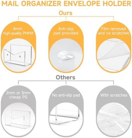 Mail Organizer Envelope Holder - 3 Compartments Clear Acrylic Mail Holder Countertop Vertical Desk Organizer Small File Bill Document Notebook Letter Sorter for Home School Office Supplies