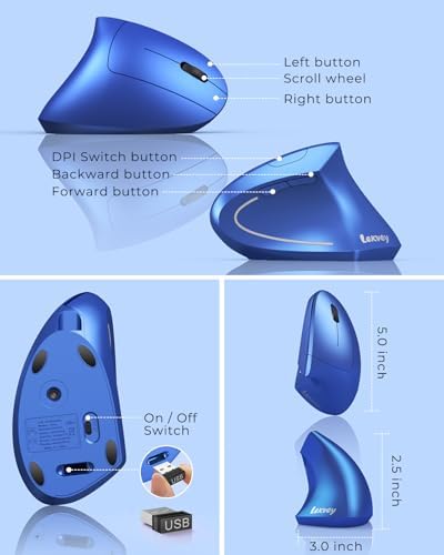 Lekvey Ergonomic Mouse, Rechargeable 2.4G USB Vertical Wireless Mouse, Blue