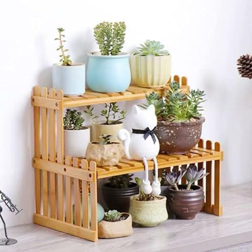 GURECOD 22.8" 2 Tiers Bamboo Plant Stand Shelf,Desk Flower Pot Holder,Adjustable Desktop Shelf Display Organizer Ladder Rack for Office Decorate Desk Shelving Storage Rack,Kitchen Rack (22.8" Length)