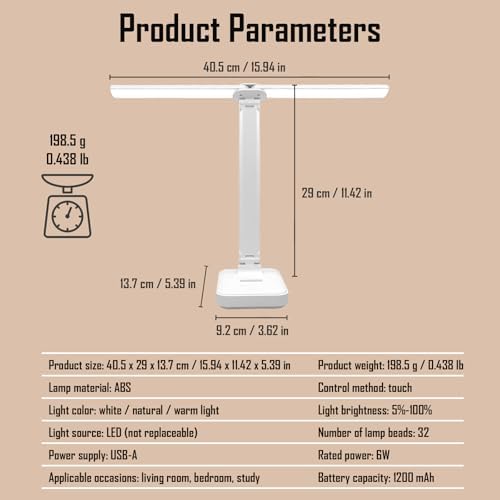 LED Double Head Desk Lamp, Rechargeable Portable Table Lamp, Adjustable Light Color and Brightness, USB Powered, LED Light for Work, Reading, Emergency (White)