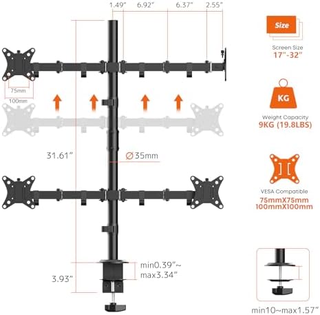 PUTORSEN Quad Monitor Desk Mount, 4 Screens, 17-32", 19.8 lbs Each
