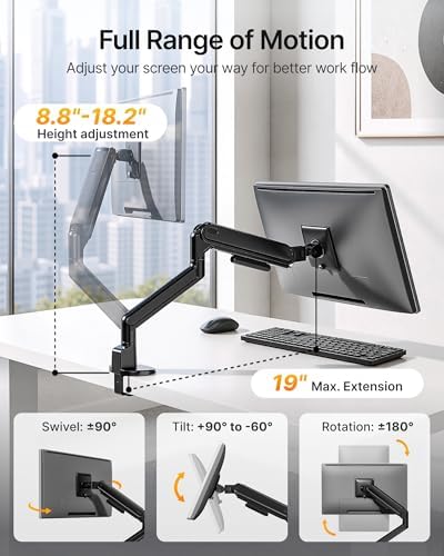 monTEK Aluminum Single Monitor Arm, 26.4 lbs, 17–40" Full Motion，Black