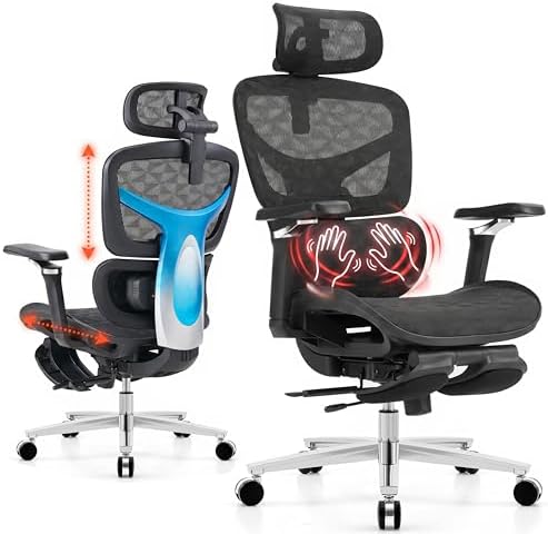 Ergonomic Office Chair with Footrest & 3D Massage Lumbar Support, Adjustable Seat Depth & Back Height,Big and Tall,400lbs, 4D Headrest, 4D Armrests, Reclining Office Chair for Home Office (Black)