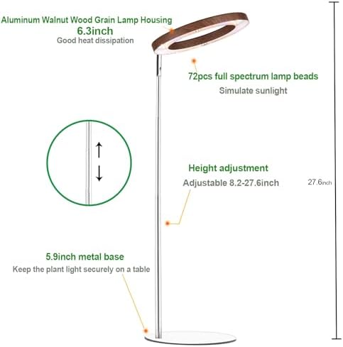 Yadoker 72 LEDs Plant Grow Light for Indoor Plant,Walnut Wood Grain Aluminum LED Grow Light with White Base, Height Adjustable,6.3" Aluminum Housing,Automatic Timer with 8/12/16 Hours,1 Pack