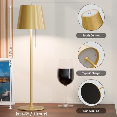 uuffoo 2 Pack Cordless Table Lamp Rechargeable 5000mAH Battery Operated Lights Touch Control LED Portable Desk Lamps 3 Color Dimming for Outdoor Coffee Bedroom Kitchen (Gold)
