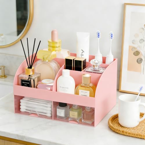 Makeup Organizer with 2 Drawers, Cosmetic Storage for Dresser Vanity and Bathroom Countertop,Make up organization and Skincare Storage with Beauty Brush Holder, Cosmetic Display Case (Pink)