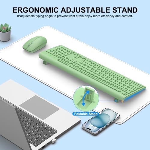 Wireless Keyboard and Mouse Combo, Full-Size Silent Ergonomic Keyboard and Optical Mouse, Long Battery Life, 2.4G Lag-Free Mice Keyboard for Computer,Mac,Laptop,PC,Windows(Avocado Green)