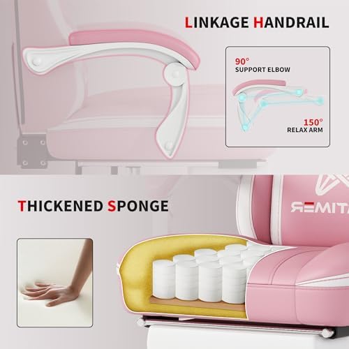 Gamtimer Gaming Chair with Footrest, Ergonomic Computer Chair, PU Breathable Material with Headrest and Lumbar Support, Suitable for Silla Gamer and Adults(Pink)