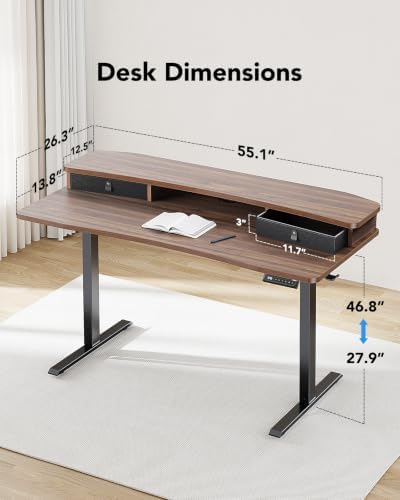 HUANUO 55" x 26" Electric Standing Desk with 2 Drawers, C-Clamp Mount Compatible, Height Adjustable Computer Desk, Home Office Stand Up Desk with 4 Preset Heights & 2 Hooks, Walnut