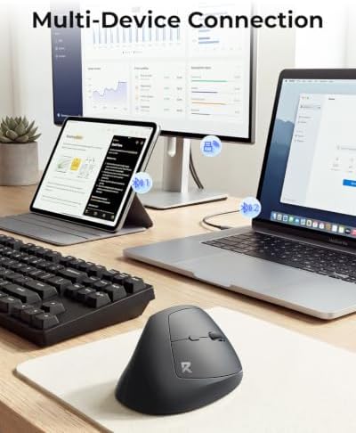 Redragon Ergonomic Mouse, Bluetooth Rechargeable Wireless Vertical Mouse, 3 Multi-Device Connectivity for Computer/PC/Laptop, 500mAh Battery, 2.4GHz USB-A Optical Mice for Windows, Mac OS, Black