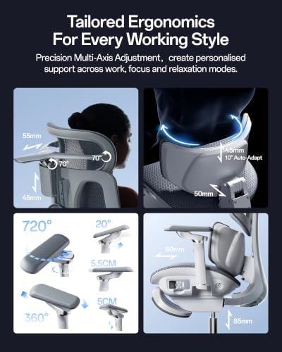 Hbada X7 Smart Ergonomic Chair, Office Chair, with Fully Automated Lumbar Tracking, 4D Adjustable Headrest, 720° Adjustable Armrests, Swivel, Grey
