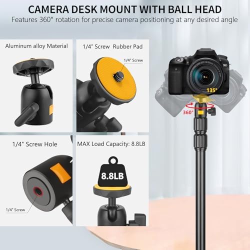 Camera Desk Mount Table Stand with Ball Head, Adjustable Light Stand with 1/4" Screw & C Clamp for DSLR Camera, Ring Light, Live Streaming, Photo Video Shooting
