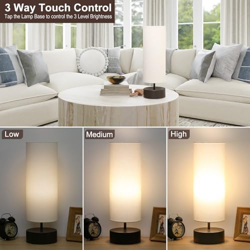 3 Way Dimmable Touch Control Table Lamp, Bedside Table Lamp with Dark Brown Base, Modern Nightstand Lamp with Beige Shade, Simple Night Light for Bedroom Living Room Home Office, 9W LED Bulb Included