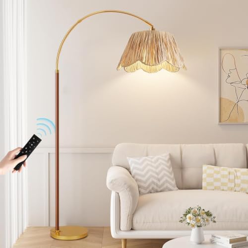 Vintage Arc Floor Lamps for Living Room Farmhouse Wood Floor Lamp with Remote Control,Dimmable Rattan Floor Lamp Boho Standing Lamp with 3 Color Temperature Wicker Tall Floor Lamp for Bedroom Corner