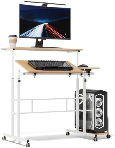 Athena Collection Rolling Standing Desk with CPU Holder, Natural