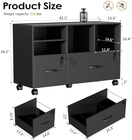2 Drawer Wood Lateral File Cabinet with Lock, Lockable Rolling Filing Cabinet with Adjustable Storage Shelves, Printer Stand Office Storage Cabinet for Home Office Fits Files Legal/A4, Black