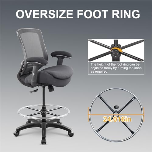 400lbs Office Drafting Chair Wide Dual Seat Cushion for High Standing Desk with Lumbar Support and Enlarged Adjustable Footrest-Black