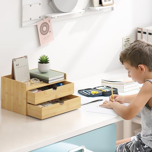 Bamboo Desk Organizer with Drawers, Desktop Storage Box for Office Supplies