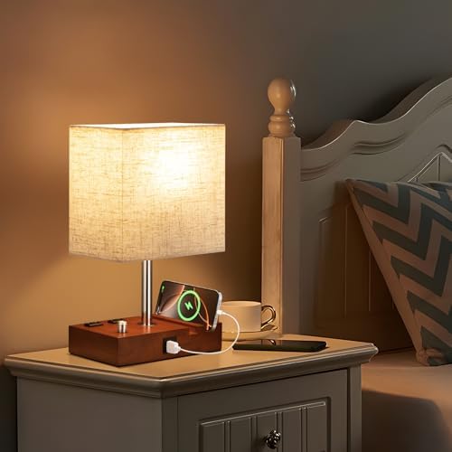 Brown Wood Grain Bedside Lamp - Stepless Dimmable, USB C+A, 2 AC Outlets