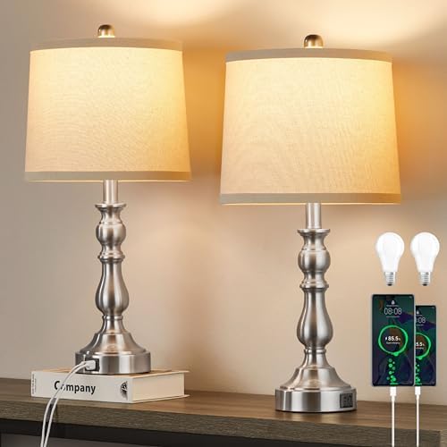 23'' Table Lamps Set of 2, Silver Lamps for Bedroom, USB C+A Ports