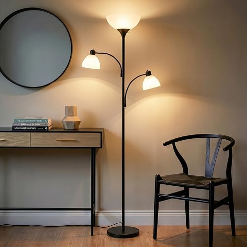 Brightech Sky Dome Double LED Floor Lamp, Torchiere Super Bright Floor Lamp with 2 Reading Lamps for Living Rooms & Offices - Dimmable Tall Standing Lamp for Bedroom Reading - Tall Black Pole