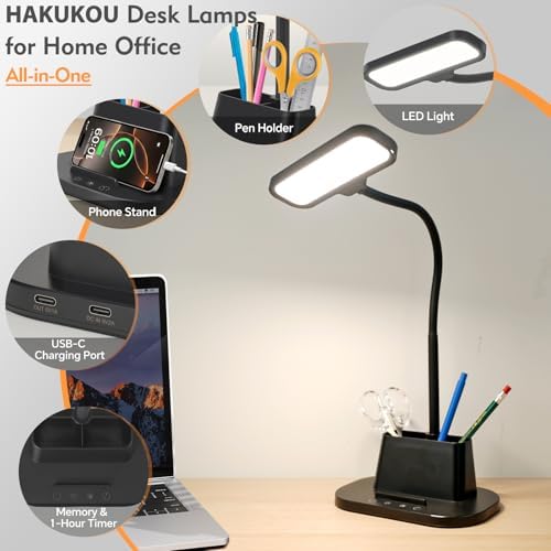 LED Desk Lamp for Dorm Small Desk Lamp with Pen Holder 5 Color Modes Black