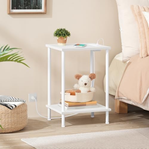 HOOBRO Side Table with Charging Station, End Table with USB Port and Outlets, Nightstand with 2-Layer Storage Shelves for Small Spaces, Living Room, Bedroom, White WW09UBZ01