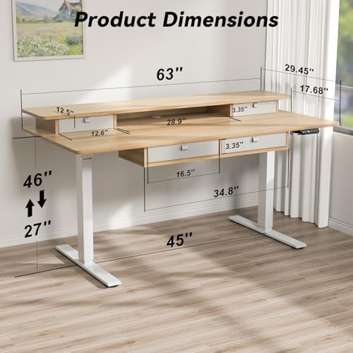 FiCiHi 63x30Inch Standing Desk with Drawers,Electric Height Adjustable Desk