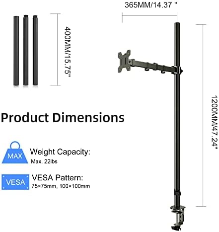 Pholiten Tall Single Monitor Mount with 47" Pole for 13-27" Screen