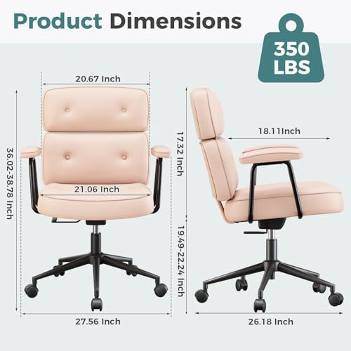 Ergonomic Home Office Desk Chair, PU Leather Computer Chair with Lumbar Support, Adjustable Height, 360° Swivel Rolling Wheels, Executive Task Chair for Office, Gaming, Meeting Room, Pink