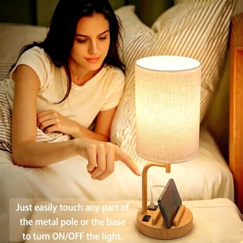 Dreamholder Touch Control USB Table Lamp with USB C/A & AC Outlet, 3-Way Dimmable Bedside Lamp, Modern Nightstand Lamps for Bedroom Living Room Guest Room Office, Bulb Included, Woodgrain