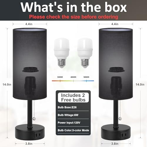 Black Bedside Table Lamps Set of 2 - Bedroom Lamp for Desk, AC Outlet