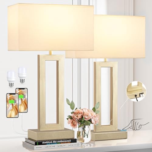 22" Tall Touch Lamps for Nightstand with USB C+A, 3 Way Dimmable Gold Lamp