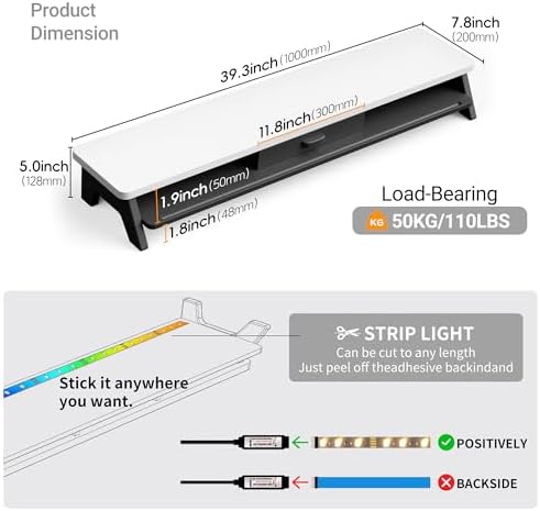 AFOOYO Dual Monitor Stand Riser,LED 2-Tier 39.3 Inch Computer Monitor Stand for 2 Monitors,Office Desktop Organizer with Storage Drawer and Phone Holder for Laptop,PC,Computer,Printer,White