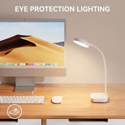 White Small Battery Powered Desk Lamp,Battery operated lamp,5W Rechargeable desk light,3 Colors,Adjustable brightness,360°Gooseneck Hose,Cordless lamps for small spaces,Eye-friendly and Energy Saving