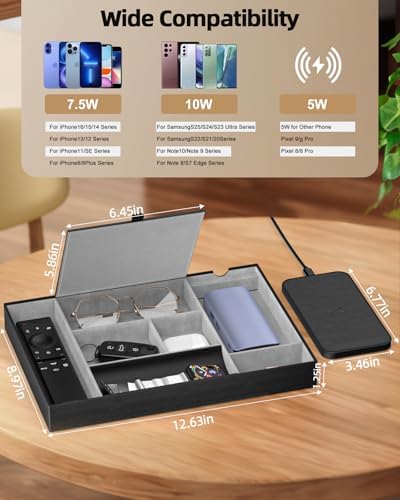 Leather Valet Tray with Wireless Charging Pad - Luxury EDC Nightstand Organizer for Men - Premium Desk Tray for Phone, Watch, Glasses & Keys - Sleek Office Desk Accessories & Gift for Him (Black)