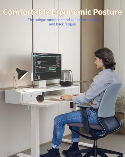 YIHAYO Electric Standing Desk with Drawers, 40 x 24 Inches Adjustable Desk with Storage Shelf, Stand Up Desk with Splice Board, Computer Table for Home Office,White Frame/White Top