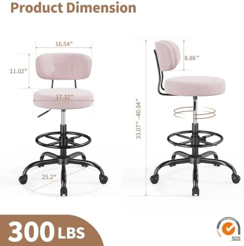 Homkdom Drafting Chair, Velvet Blush Pink