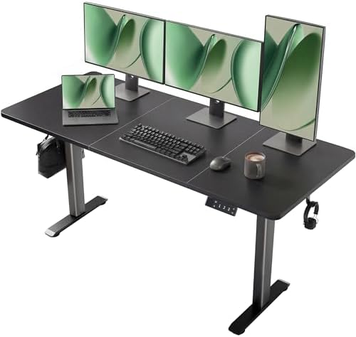 YDN Electric Standing Desk Adjustable Height, 63 x 24 Inches Sit Stand up Desk with Memory Presets & Cable Management, Home Office Desk for Office & Computer Workstation, Black Frame/Black Top