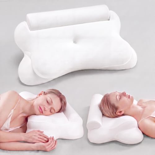 Sweetcrispy Cervical Pillow for Neck Pain, Ergonomic Contour Memory Foam Pillow with Detachable Roll Support, Cooling Breathable Cover for Side Back Stomach Sleepers, White