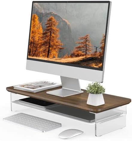 Fenge 23.6" Monitor Stand with Clear Acrylic Legs, Brown