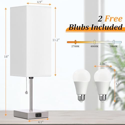 18'' Table Lamp for Bedroom set of 2,3-Color Bedside Lamps with Pull Chain